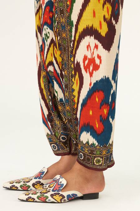 Shop Rajdeep Ranawat Beige Satin Maimouna Abstract Print Turkish Pant Online at Aza Fashions Shop_Rajdeep Ranawat_Beige Satin Maimouna Abstract Print Turkish Pant_Online_at_Aza_Fashions