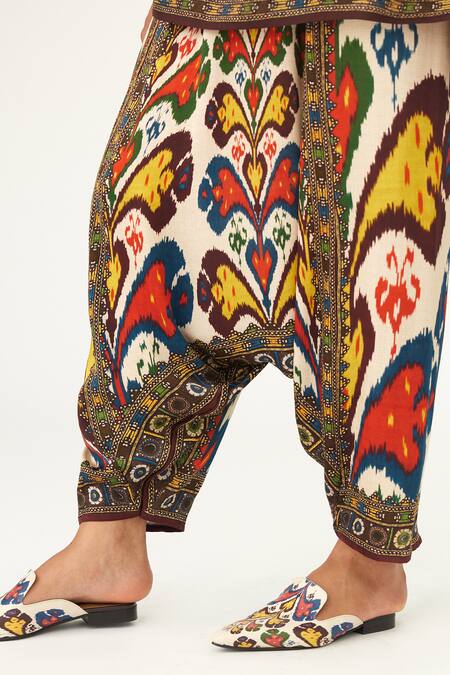 Rajdeep Ranawat Beige Satin Maimouna Abstract Print Turkish Pant at Aza Fashions Rajdeep Ranawat_Beige Satin Maimouna Abstract Print Turkish Pant_at_Aza_Fashions