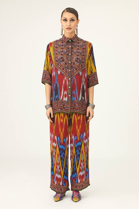 Rajdeep Ranawat Yellow Satin Permaz Geometric Abstract Print Pant Online at Aza Fashions Rajdeep Ranawat_Yellow Satin Permaz Geometric Abstract Print Pant_Online_at_Aza_Fashions