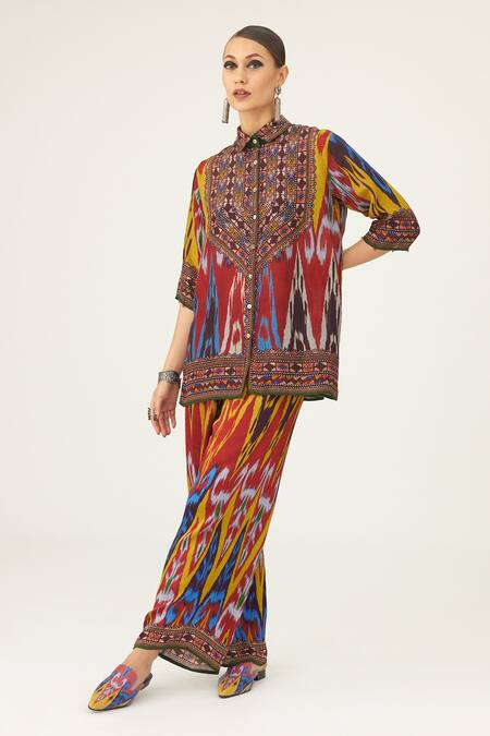 Shop Rajdeep Ranawat Yellow Satin Permaz Geometric Abstract Print Pant Online at Aza Fashions Shop_Rajdeep Ranawat_Yellow Satin Permaz Geometric Abstract Print Pant_Online_at_Aza_Fashions