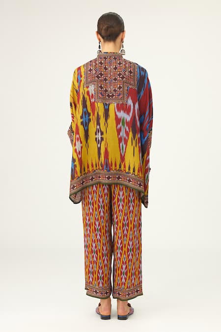 Shop_Rajdeep Ranawat_Yellow Satin Permaz Geometric Print Pant_at_Aza_Fashions