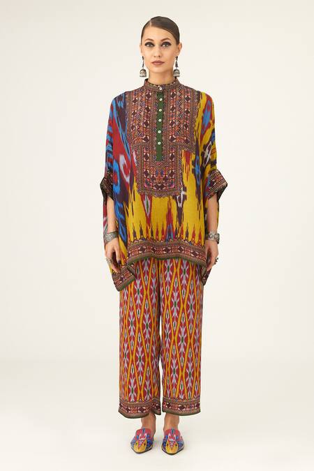 Rajdeep Ranawat_Yellow Satin Permaz Geometric Print Pant_Online_at_Aza_Fashions