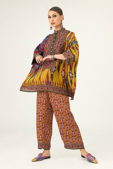 Shop_Rajdeep Ranawat_Yellow Satin Permaz Geometric Print Pant_Online_at_Aza_Fashions