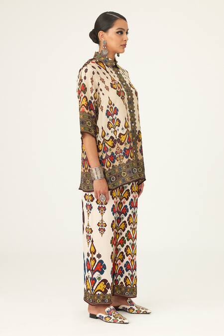 Buy_Rajdeep Ranawat_Beige Satin Embroidery Permaz Geometric Mandala Print Pant_Online_at_Aza_Fashions