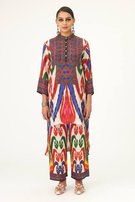 Rajdeep Ranawat_Multi Color Satin Embroidery Permaz Paisley Print Pant_Online_at_Aza_Fashions