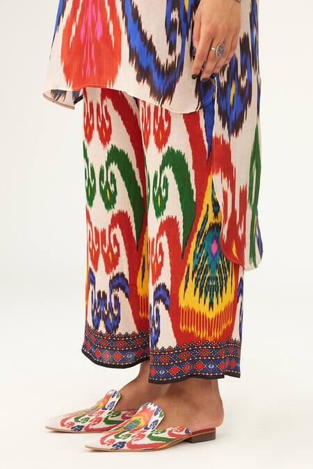 Rajdeep Ranawat_Multi Color Satin Embroidery Permaz Paisley Print Pant_at_Aza_Fashions