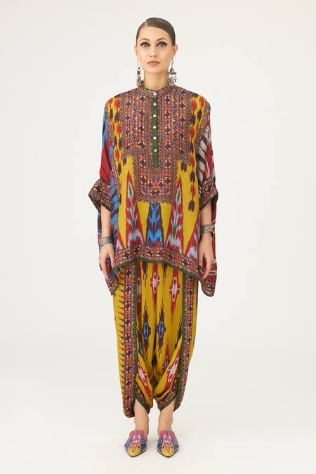 Rajdeep Ranawat Yellow Satin Sonth Floral Print Dhoti Pant Online at Aza Fashions Rajdeep Ranawat_Yellow Satin Sonth Floral Print Dhoti Pant_Online_at_Aza_Fashions