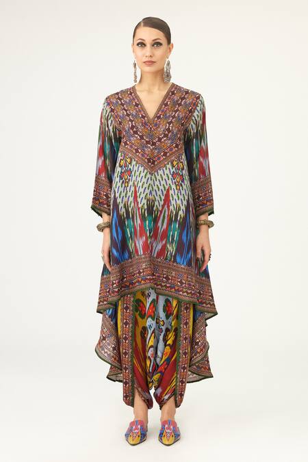 Shop Rajdeep Ranawat Multi Color Satin Sonth Paisley Print Dhoti Pant at Aza Fashions Shop_Rajdeep Ranawat_Multi Color Satin Sonth Paisley Print Dhoti Pant_at_Aza_Fashions