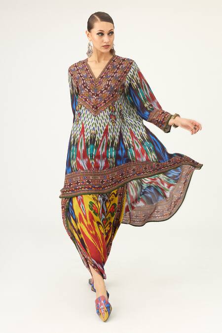 Shop Rajdeep Ranawat Multi Color Satin Sonth Paisley Print Dhoti Pant Online at Aza Fashions Shop_Rajdeep Ranawat_Multi Color Satin Sonth Paisley Print Dhoti Pant_Online_at_Aza_Fashions