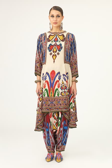 Rajdeep Ranawat_Multi Color Satin Embroidery Maimouna Floral Print Turkish Pant_Online_at_Aza_Fashions