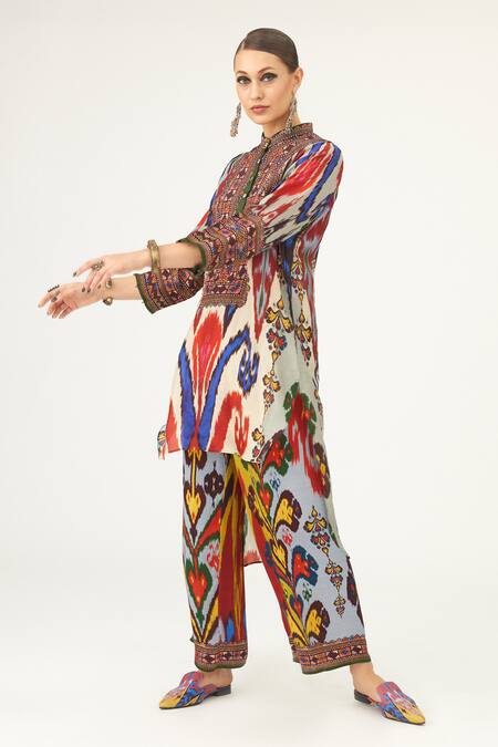 Buy_Rajdeep Ranawat_Multi Color Satin Permaz Flower Print Pant_Online_at_Aza_Fashions