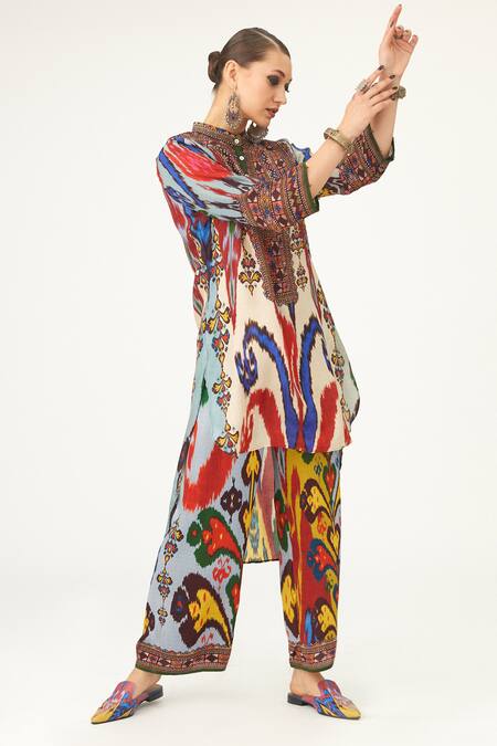 Shop_Rajdeep Ranawat_Multi Color Satin Permaz Flower Print Pant_Online_at_Aza_Fashions