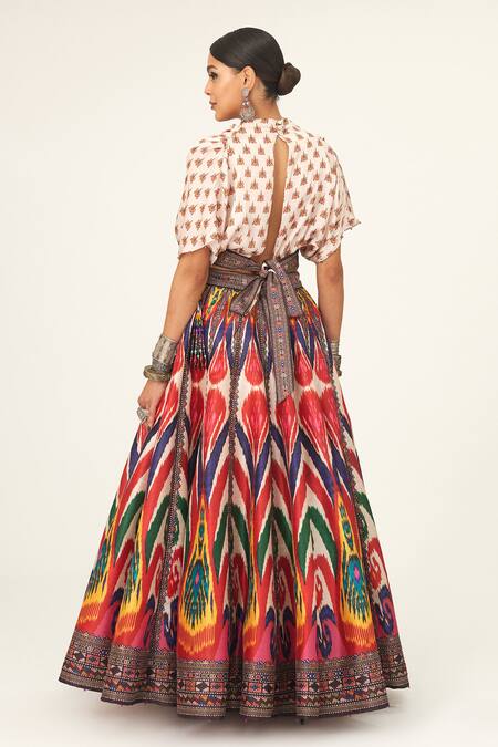 Shop Rajdeep Ranawat Multi Color Satin, Silk Tassels Cowl Neck Varsha Leela Printed Skirt And Top Set at Aza Fashions Shop_Rajdeep Ranawat_Multi Color Satin, Silk Tassels Cowl Neck Varsha Leela Printed Skirt And Top Set_at_Aza_Fashions