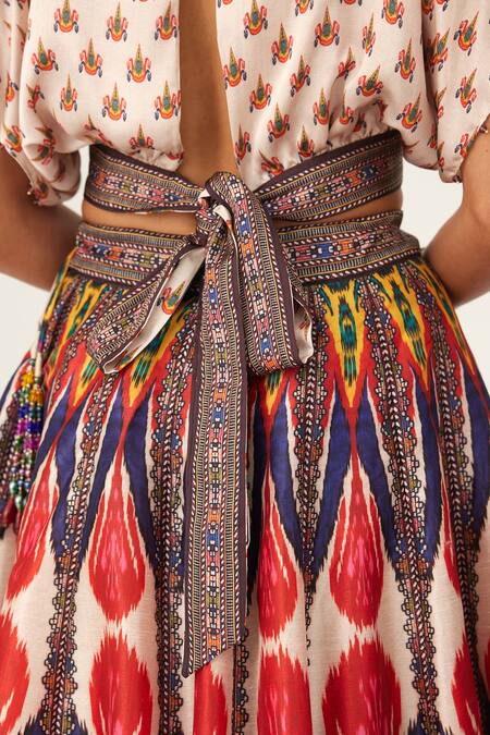 Shop Rajdeep Ranawat Multi Color Satin, Silk Tassels Cowl Neck Varsha Leela Printed Skirt And Top Set Online at Aza Fashions Shop_Rajdeep Ranawat_Multi Color Satin, Silk Tassels Cowl Neck Varsha Leela Printed Skirt And Top Set_Online_at_Aza_Fashions