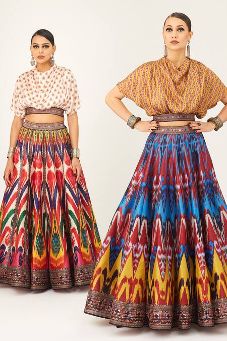 Rajdeep Ranawat Multi Color Satin, Silk Tassels Cowl Neck Varsha Leela Printed Skirt And Top Set at Aza Fashions Rajdeep Ranawat_Multi Color Satin, Silk Tassels Cowl Neck Varsha Leela Printed Skirt And Top Set_at_Aza_Fashions