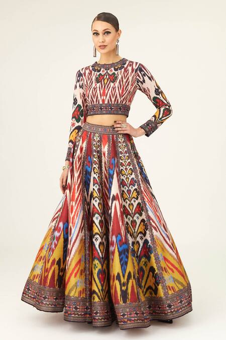 Rajdeep Ranawat_Multi Color Kota Doria, Silk, Varsha Leela Paisley Print Skirt_Online_at_Aza_Fashions