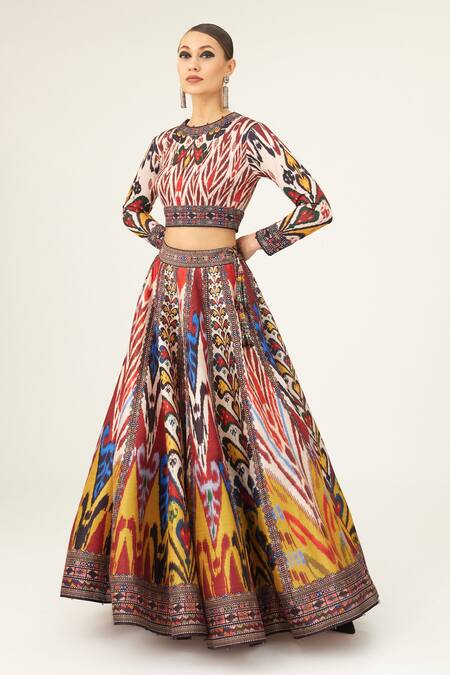Buy_Rajdeep Ranawat_Multi Color Kota Doria, Silk, Varsha Leela Paisley Print Skirt_Online_at_Aza_Fashions