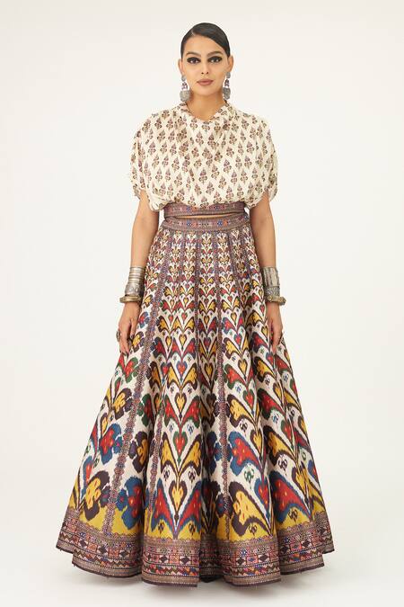 Rajdeep Ranawat_Beige Satin, Silk Cowl Neck Varsha Leela Paisley Print Skirt And Top Set_Online_at_Aza_Fashions