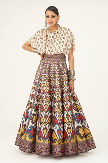 Buy_Rajdeep Ranawat_Beige Satin, Silk Cowl Neck Varsha Leela Paisley Print Skirt And Top Set_Online_at_Aza_Fashions