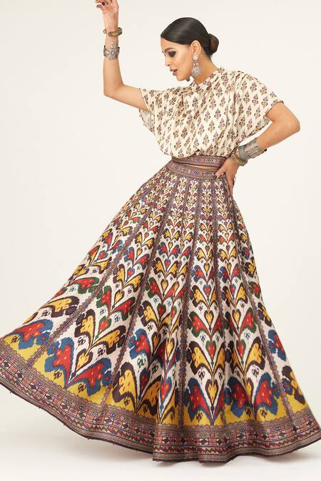 Shop_Rajdeep Ranawat_Beige Satin, Silk Cowl Neck Varsha Leela Paisley Print Skirt And Top Set_Online_at_Aza_Fashions