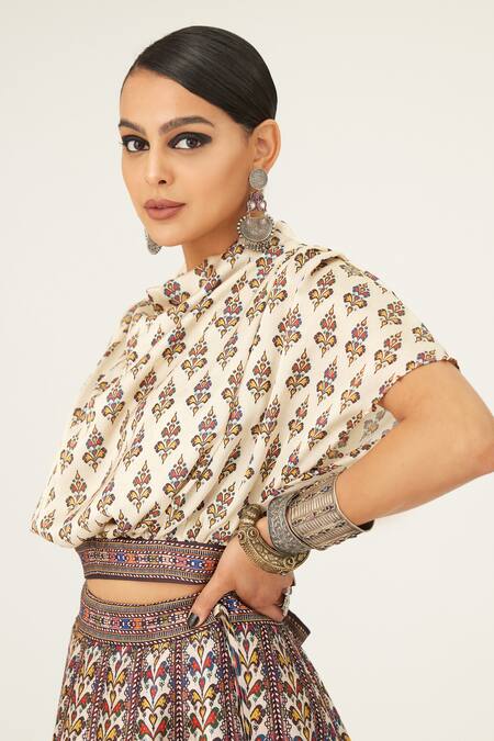 Buy_Rajdeep Ranawat_Beige Satin, Silk Cowl Neck Varsha Leela Paisley Print Skirt And Top Set
