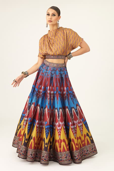 Rajdeep Ranawat Multi Color Satin Printed Paisley Varsha Leela Floral Skirt And Top Set 