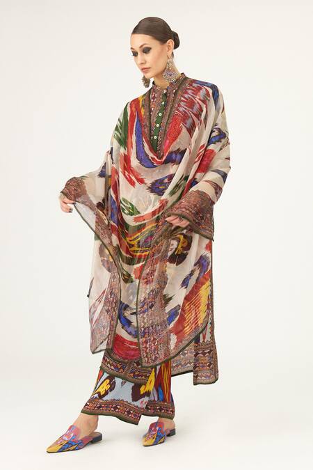 Rajdeep Ranawat Multi Color Kota Doria Embroidery Behroom Floral And Paisley Print Dupatta Online at Aza Fashions Rajdeep Ranawat_Multi Color Kota Doria Embroidery Behroom Floral And Paisley Print Dupatta_Online_at_Aza_Fashions