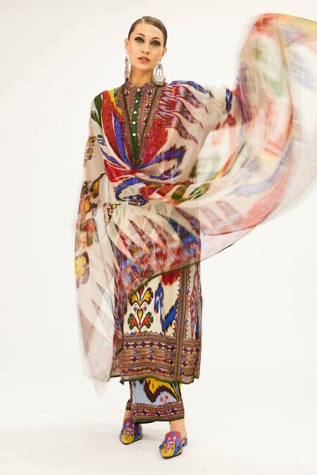 Shop Rajdeep Ranawat Multi Color Kota Doria Embroidery Behroom Floral And Paisley Print Dupatta Online at Aza Fashions Shop_Rajdeep Ranawat_Multi Color Kota Doria Embroidery Behroom Floral And Paisley Print Dupatta_Online_at_Aza_Fashions