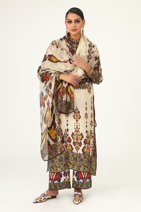 Shop_Rajdeep Ranawat_Beige Silk Beads Bandeau Neck Champa Geometric Pattern Tunic_Online_at_Aza_Fashions