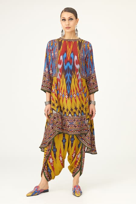 Rajdeep Ranawat Yellow Silk Geometric Round Aamilah Asymmetric Tunic  