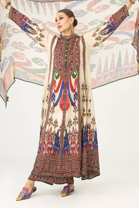 Rajdeep Ranawat_Multi Color Silk Embroidery Collared Ada Abstract Print Anarkali_at_Aza_Fashions