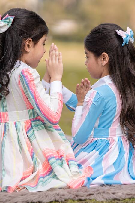 The Pony & Peony Co._Off White Cotton Neon Stripes Pattern Structured Shirt Dress_Online_at_Aza_Fashions