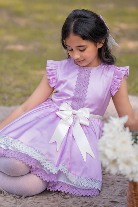 Shop The Pony & Peony Co. Purple Cotton Bows Sofia Structured And Flared Dress Online at Aza Fashions Shop_The Pony & Peony Co._Purple Cotton Bows Sofia Structured And Flared Dress _Online_at_Aza_Fashions