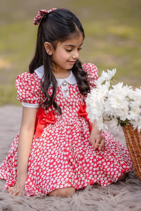 Shop The Pony & Peony Co. Red Cotton Floral Pattern Dress at Aza Fashions Shop_The Pony & Peony Co._Red Cotton Floral Pattern Dress _at_Aza_Fashions