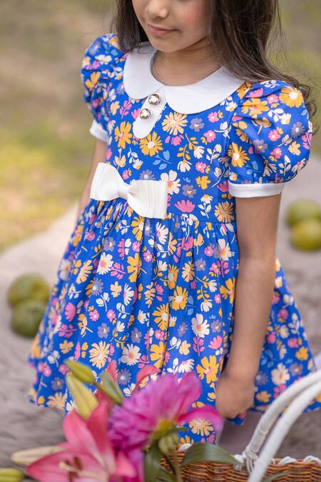 The Pony & Peony Co. Blue Cotton Bows Floral Pattern Dress Online at Aza Fashions The Pony & Peony Co._Blue Cotton Bows Floral Pattern Dress _Online_at_Aza_Fashions