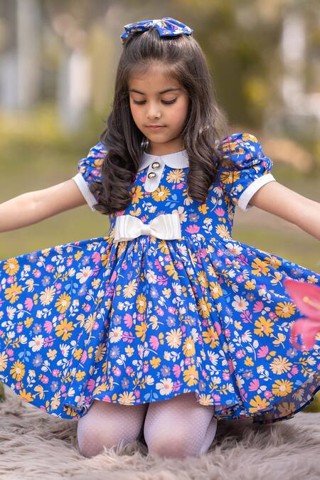 Buy The Pony & Peony Co. Blue Cotton Bows Floral Pattern Dress Online at Aza Fashions Buy_The Pony & Peony Co._Blue Cotton Bows Floral Pattern Dress _Online_at_Aza_Fashions