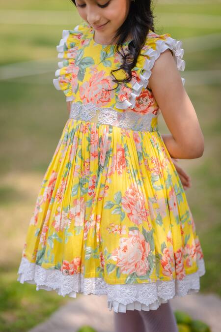 The Pony & Peony Co. Yellow Cotton Lace Sunshine Floral Pattern Flared Dress Online at Aza Fashions The Pony & Peony Co._Yellow Cotton Lace Sunshine Floral Pattern Flared Dress _Online_at_Aza_Fashions