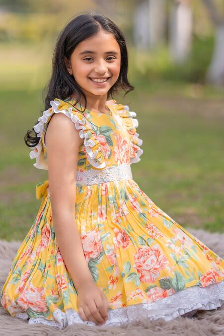 Shop The Pony & Peony Co. Yellow Cotton Lace Sunshine Floral Pattern Flared Dress Online at Aza Fashions Shop_The Pony & Peony Co._Yellow Cotton Lace Sunshine Floral Pattern Flared Dress _Online_at_Aza_Fashions