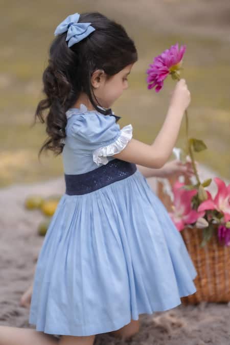 The Pony & Peony Co. Blue Cotton Dress with Mesh Applique 