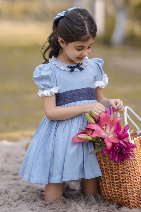 The Pony & Peony Co._Blue Cotton Bows Dress With Mesh Applique _Online_at_Aza_Fashions