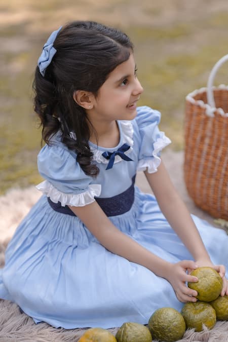 Buy_The Pony & Peony Co._Blue Cotton Bows Dress With Mesh Applique _Online_at_Aza_Fashions