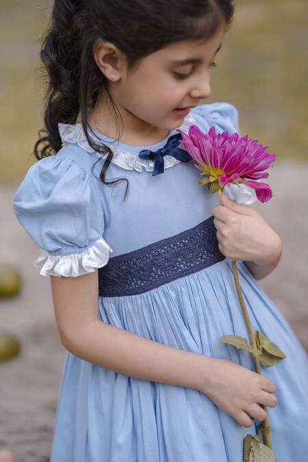 Shop_The Pony & Peony Co._Blue Cotton Bows Dress With Mesh Applique _Online_at_Aza_Fashions