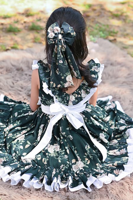 The Pony & Peony Co._Green Cotton Floral Print Dress With Frilled Sleeves _Online_at_Aza_Fashions