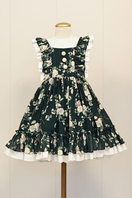 Buy_The Pony & Peony Co._Green Cotton Floral Print Dress With Frilled Sleeves _Online_at_Aza_Fashions
