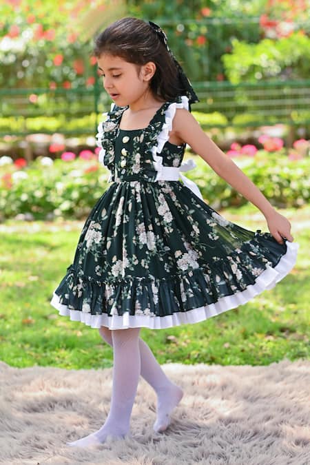 The Pony & Peony Co._Green Cotton Floral Print Dress With Frilled Sleeves _at_Aza_Fashions