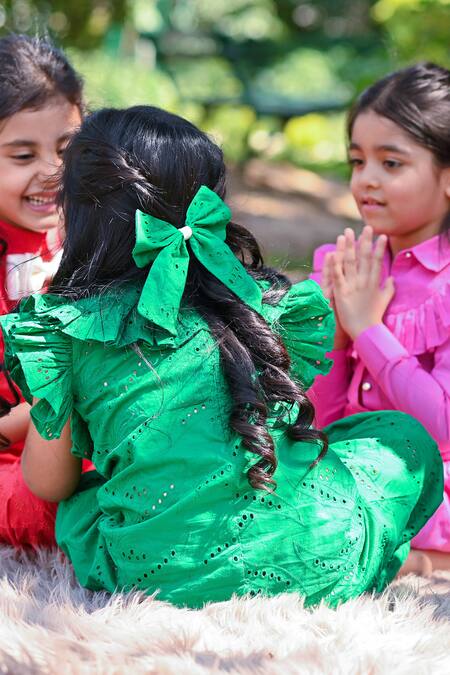 The Pony & Peony Co._Green Cotton Bows, Embroidery Bella Schiffli Work Co-ord Set_Online_at_Aza_Fashions