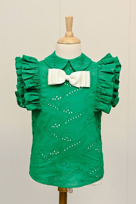 Buy_The Pony & Peony Co._Green Cotton Bows, Embroidery Bella Schiffli Work Co-ord Set_Online_at_Aza_Fashions