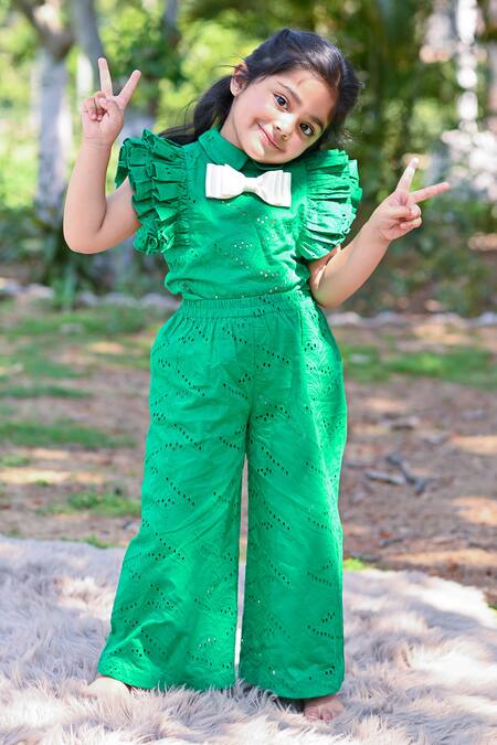 Shop_The Pony & Peony Co._Green Cotton Bows, Embroidery Bella Schiffli Work Co-ord Set_Online_at_Aza_Fashions