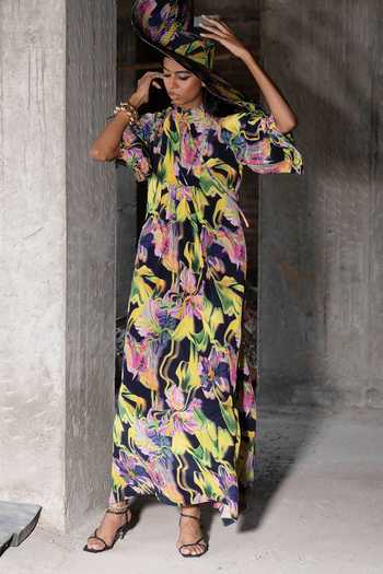 Buy Therealb Multi Color Viscose Keyhole Neck Wildflower Print Dress at Aza Fashions Buy_Therealb_Multi Color Viscose Keyhole Neck Wildflower Print Dress _at_Aza_Fashions