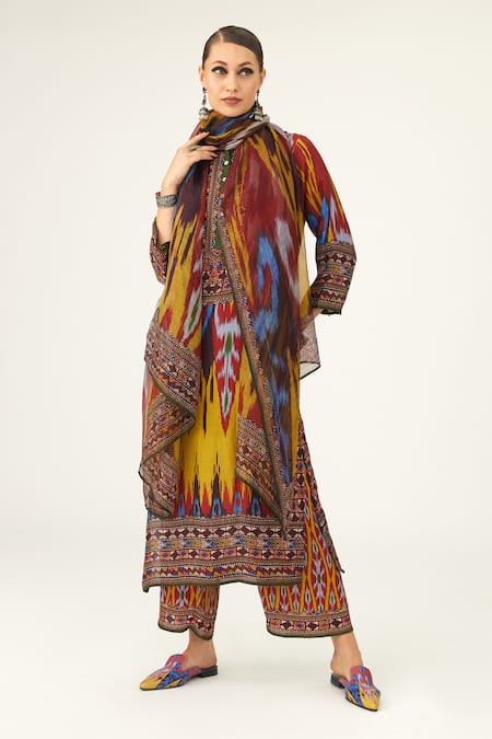 Shop Rajdeep Ranawat Yellow Silk Beads Bandeau Neck Champa Geometric Pattern Tunic Online at Aza Fashions Shop_Rajdeep Ranawat_Yellow Silk Beads Bandeau Neck Champa Geometric Pattern Tunic_Online_at_Aza_Fashions